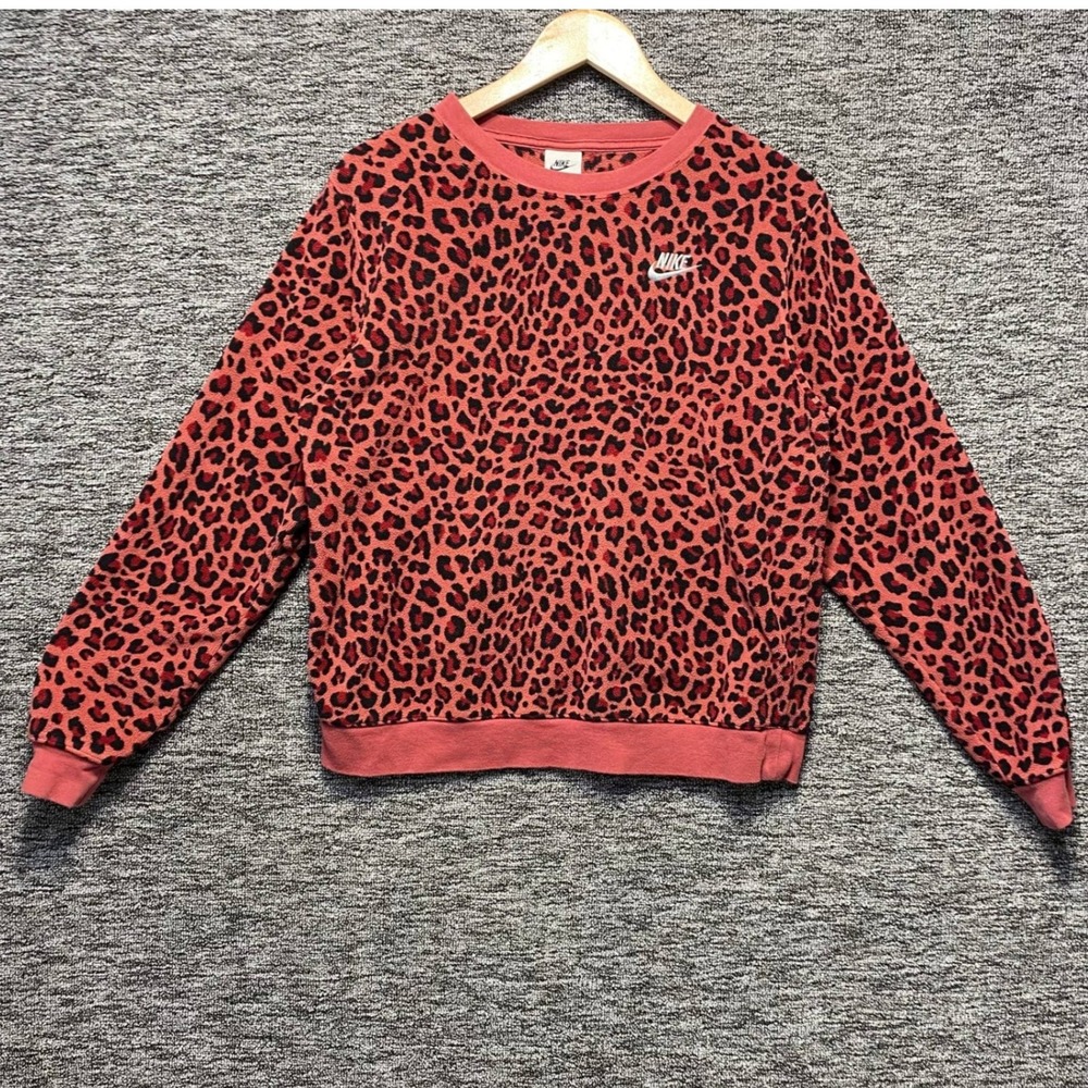 Nike Women Fleece Crewneck Sweatshirt S Coral Pink Leopard Print Pullover DD5834